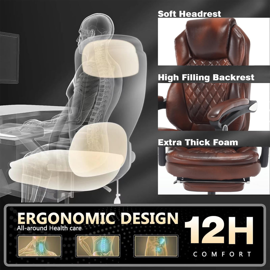 Brown Leather Reclining Office Desk Chair with Foot Rest U693