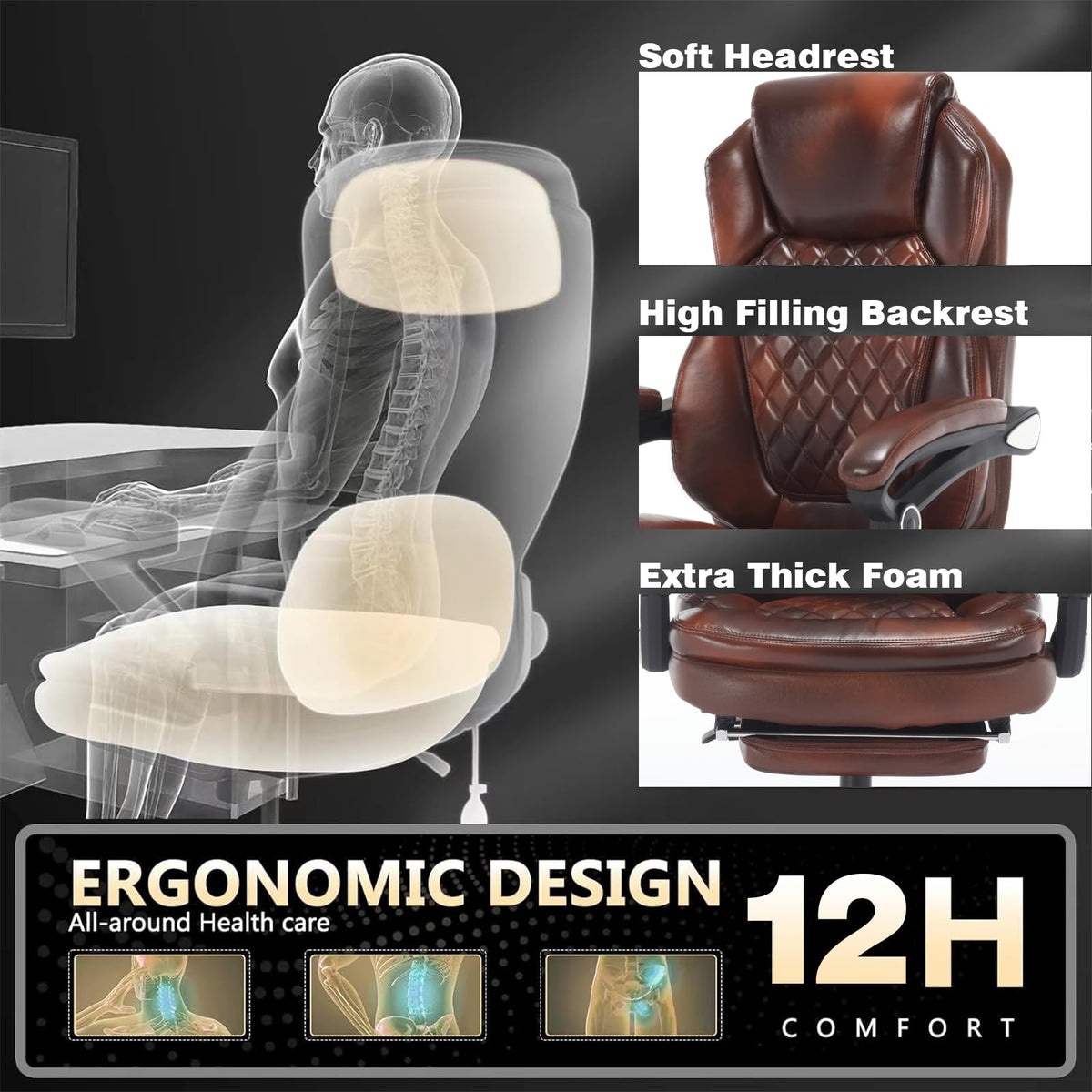 Brown Leather Reclining Office Desk Chair with Foot Rest U693