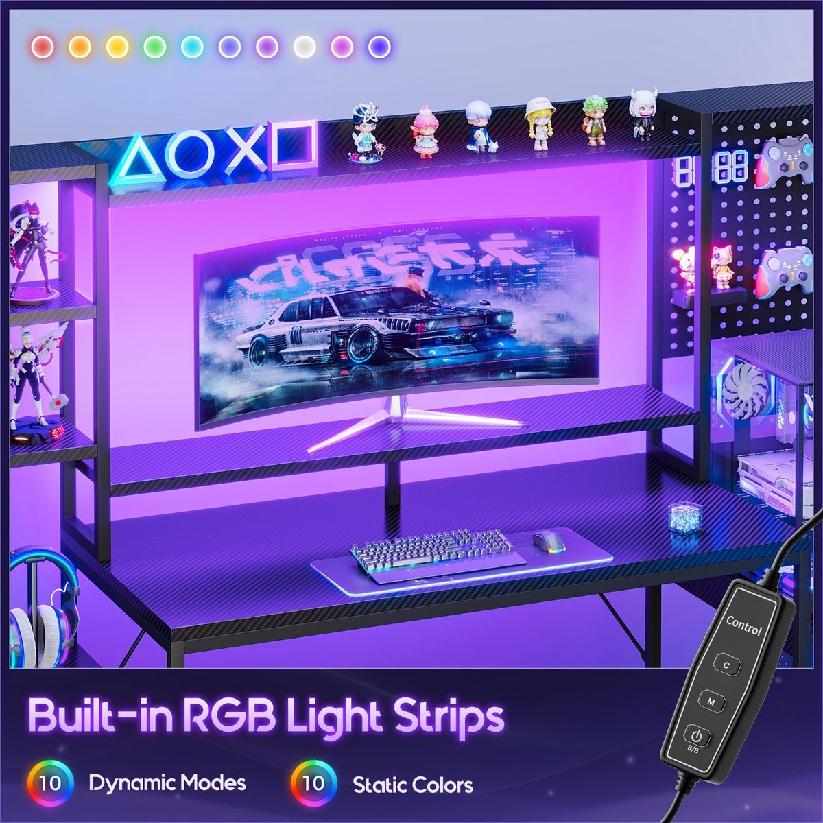 67 Inch Gaming Desk with Storage Shelves, 3 Drawers, LED Lights, Hutch X7641