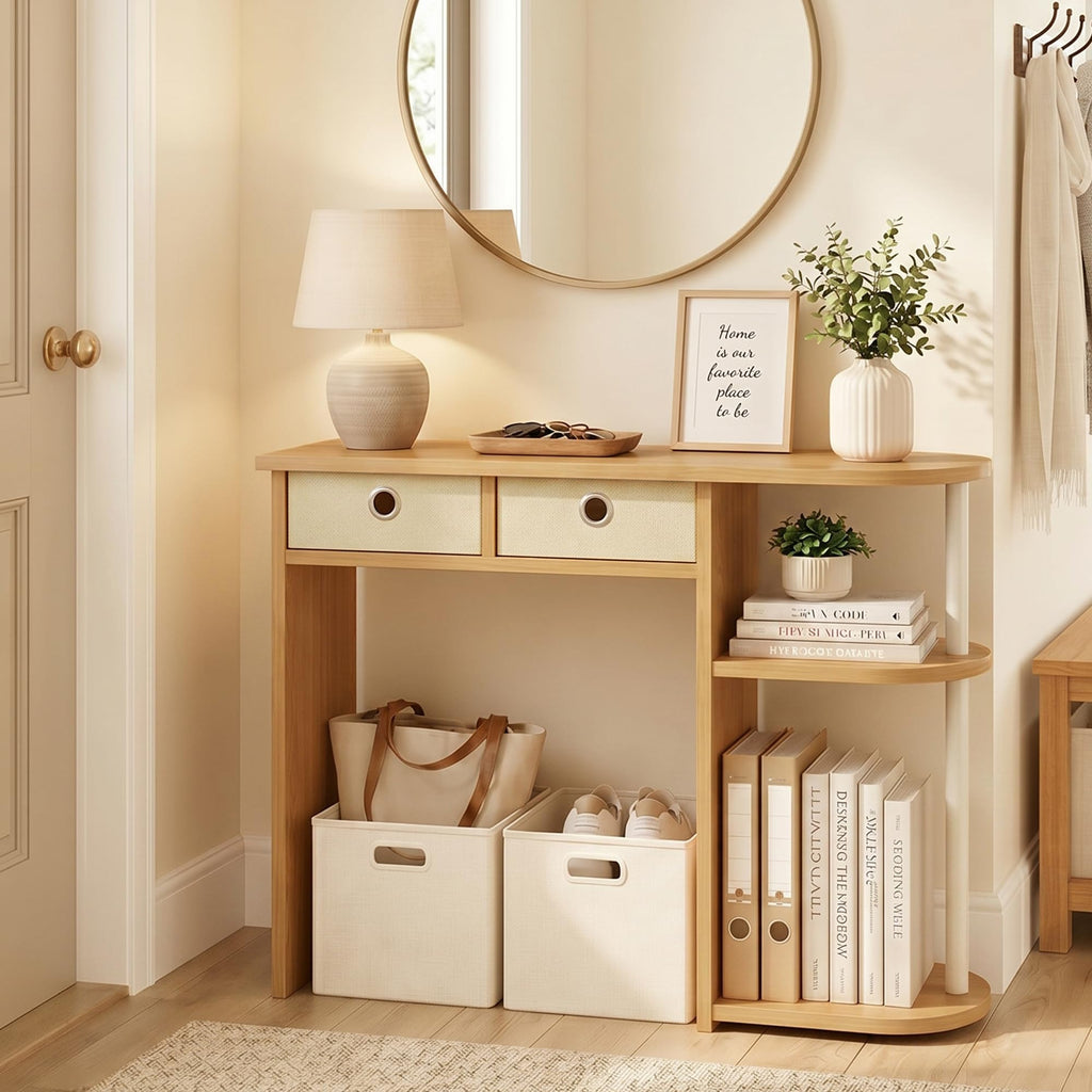 32-Inch Oak Entryway Table with 2 Fabric Drawers X9416