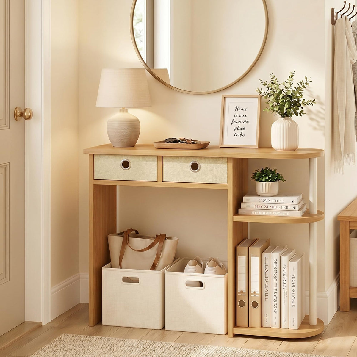 32-Inch Oak Entryway Table with 2 Fabric Drawers X9416