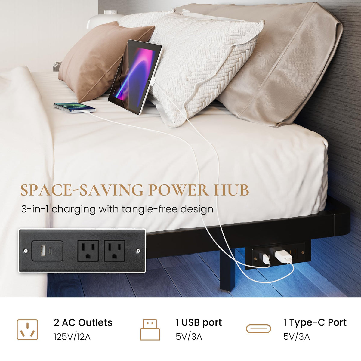 Full Size Floating Bed Frame with LED Lights, Black P8984