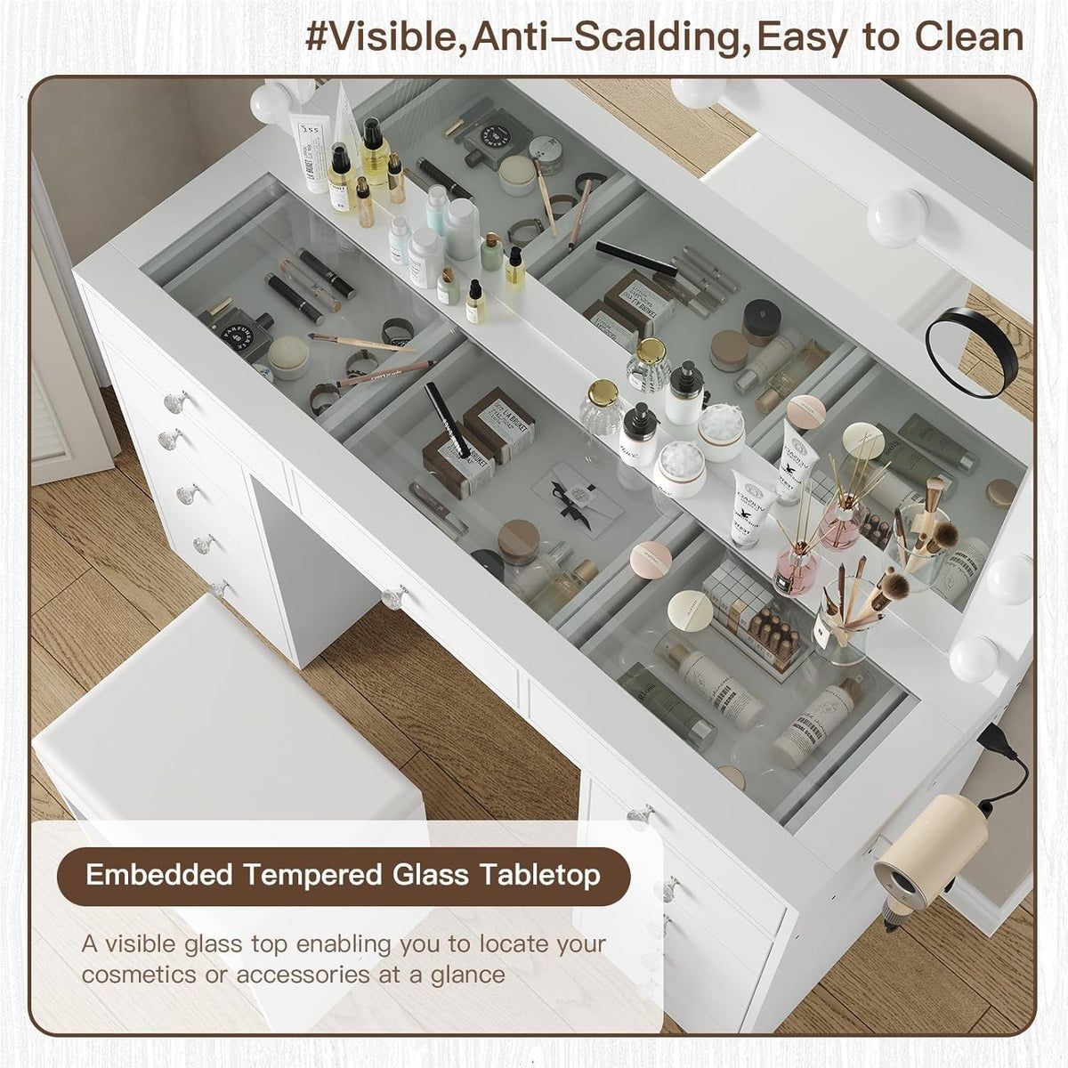 White Vanity Desk with Mirror and Chair L2365