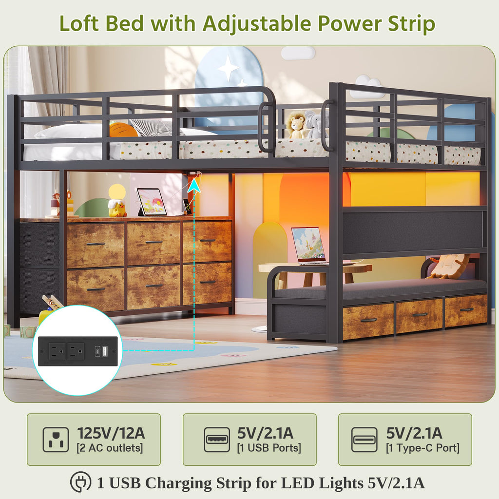 Full Size Low Loft Bed with Desk and 9 Storage Drawers I727776