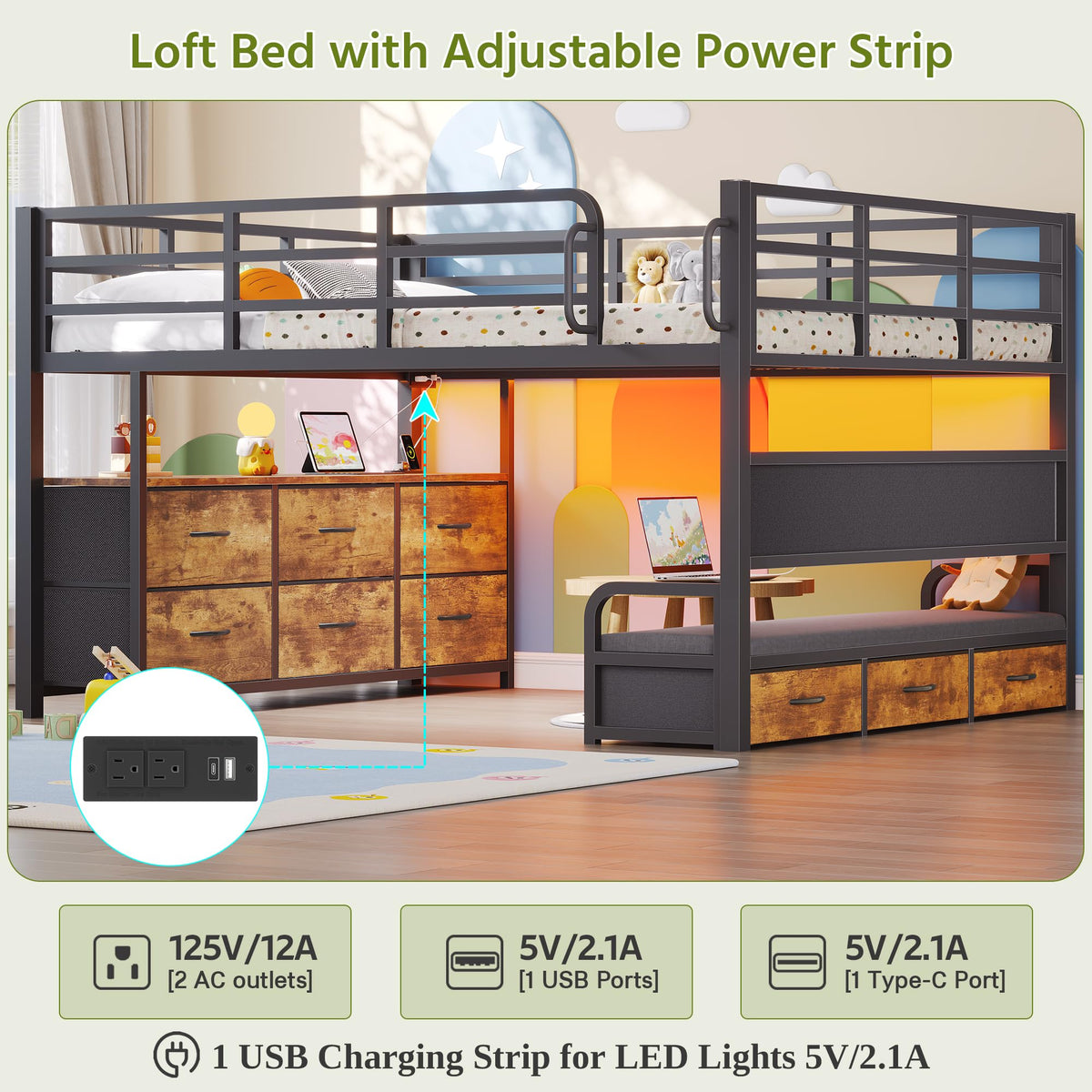 Full Size Low Loft Bed with Desk and 9 Storage Drawers I727776
