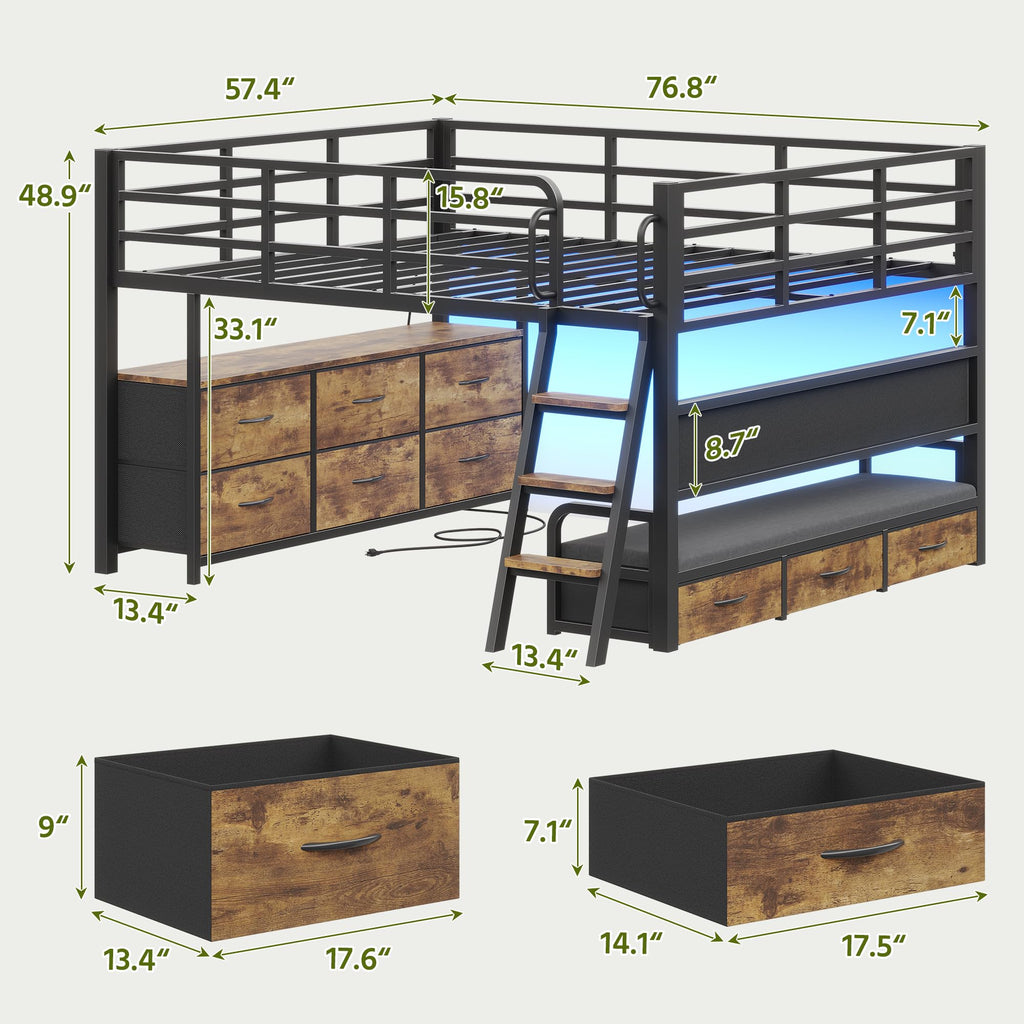 Full Size Low Loft Bed with Desk and 9 Storage Drawers I727776