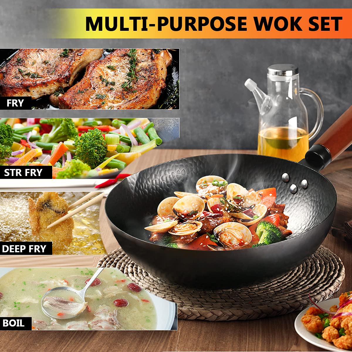 14 Piece Carbon Steel Wok Pan Set with Wooden Lid Y87298