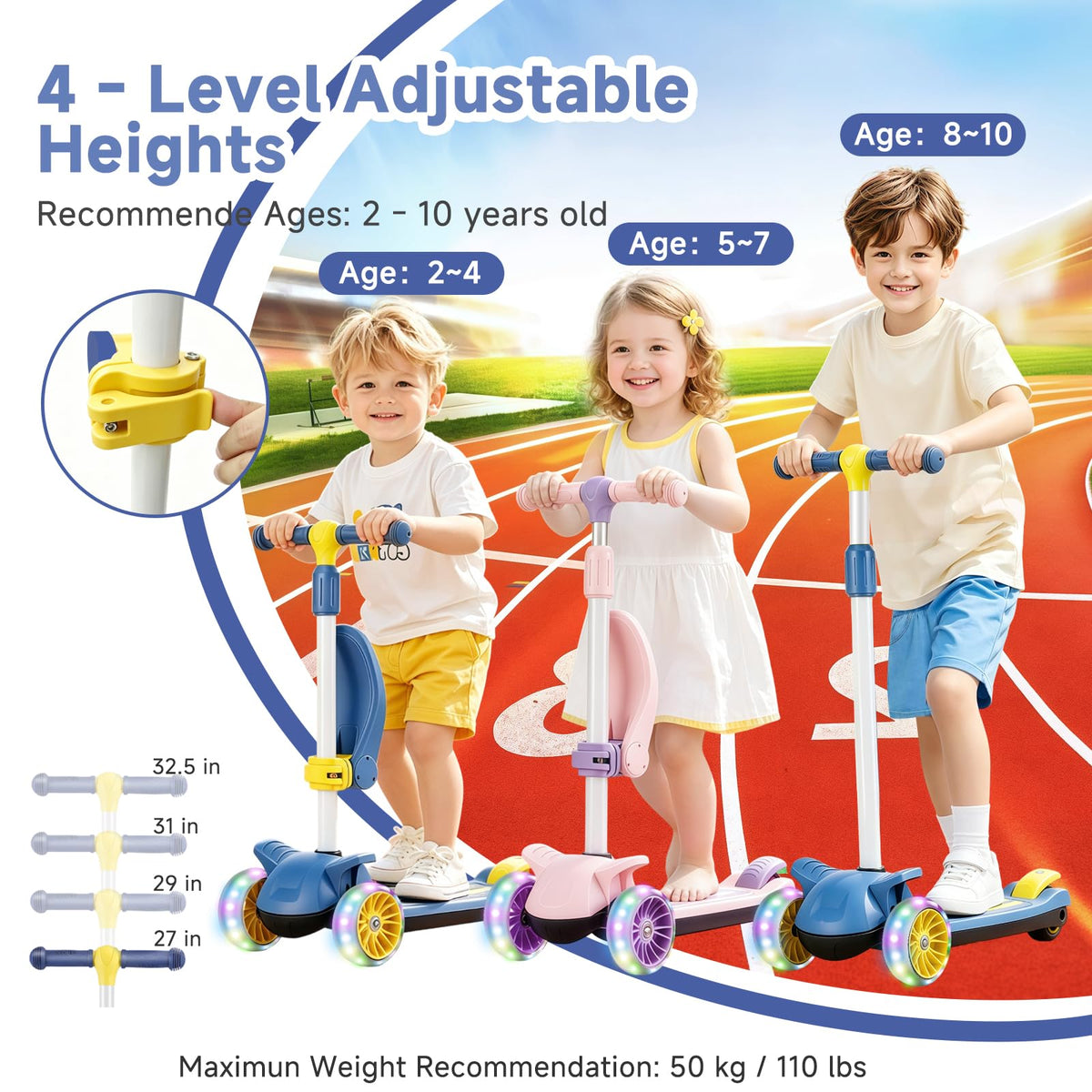 2 in 1 Kids Scooter with Removable Seat, Light up 3 Wheels, 4 Adjustable Height M8183