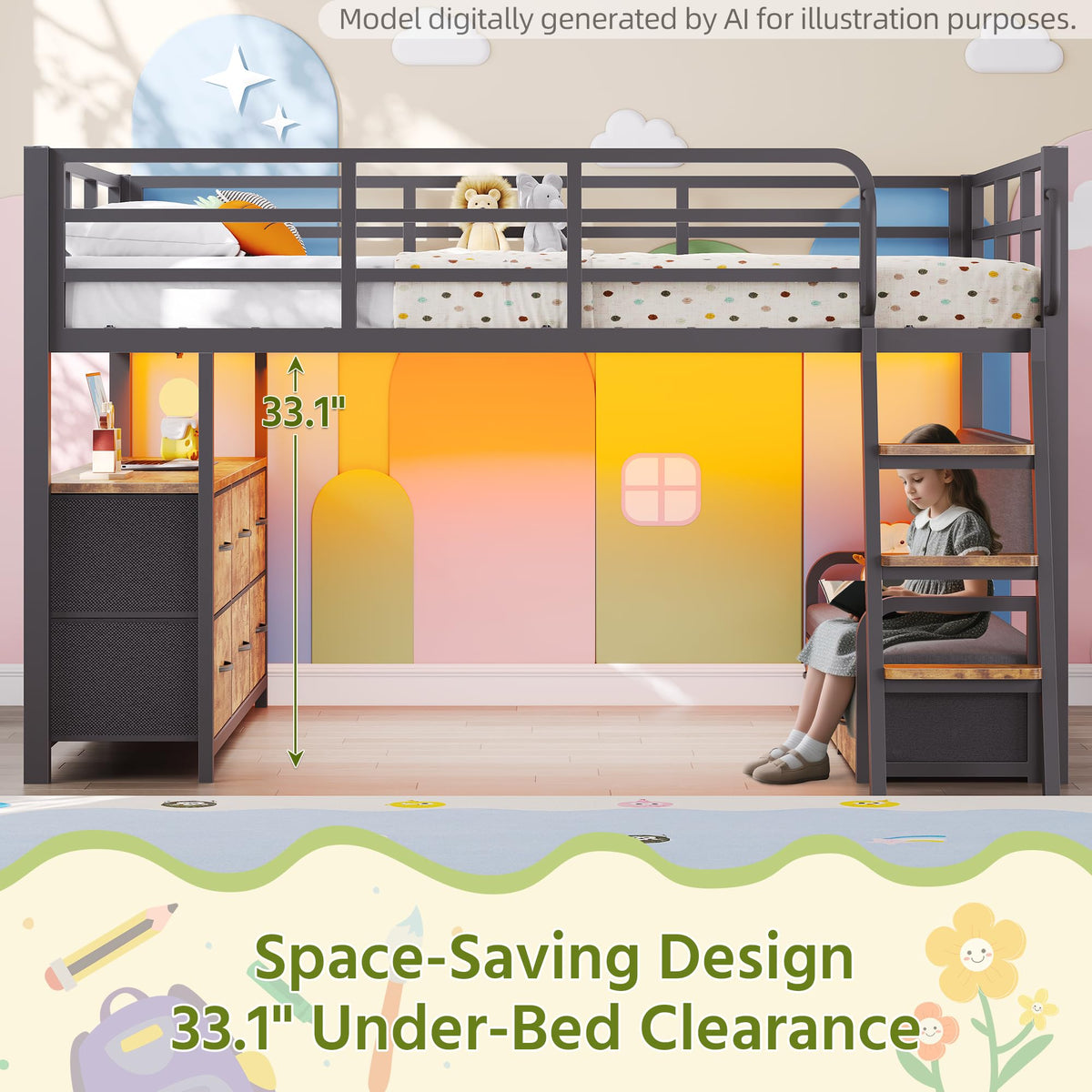 Full Size Low Loft Bed with Desk and 9 Storage Drawers I727776