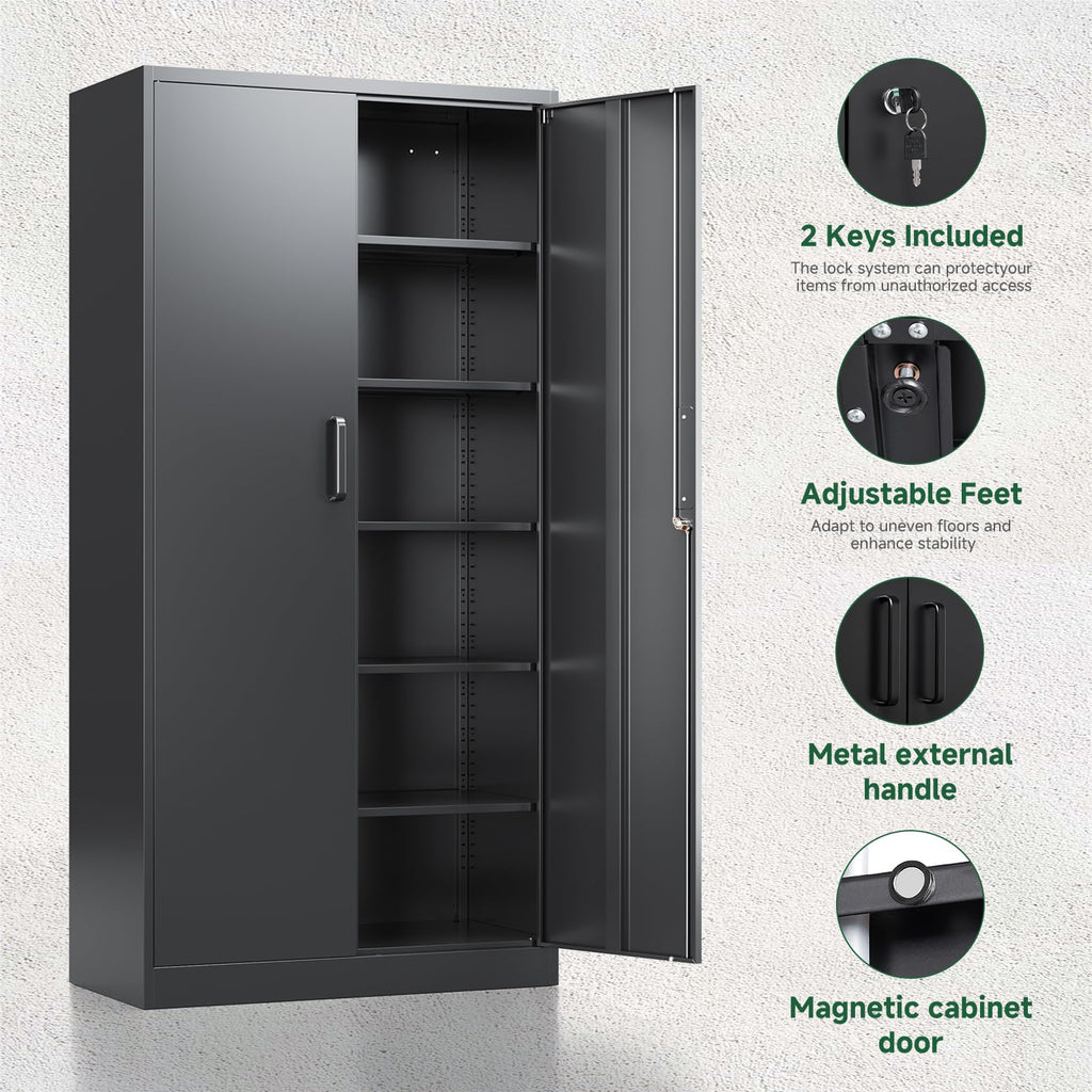 Metal Garage Storage Cabinets with Lock, 72 Tall Steel Lockers, 5 Adjustable Shelves, Black L835