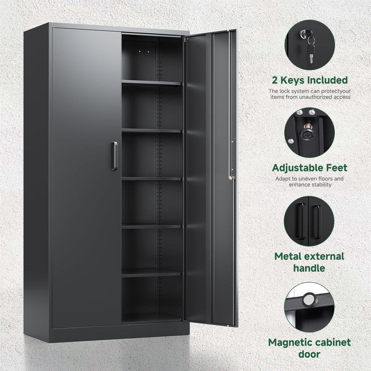 Metal Garage Storage Cabinets with Lock, 72 Tall Steel Lockers, 5 Adjustable Shelves, Black L835
