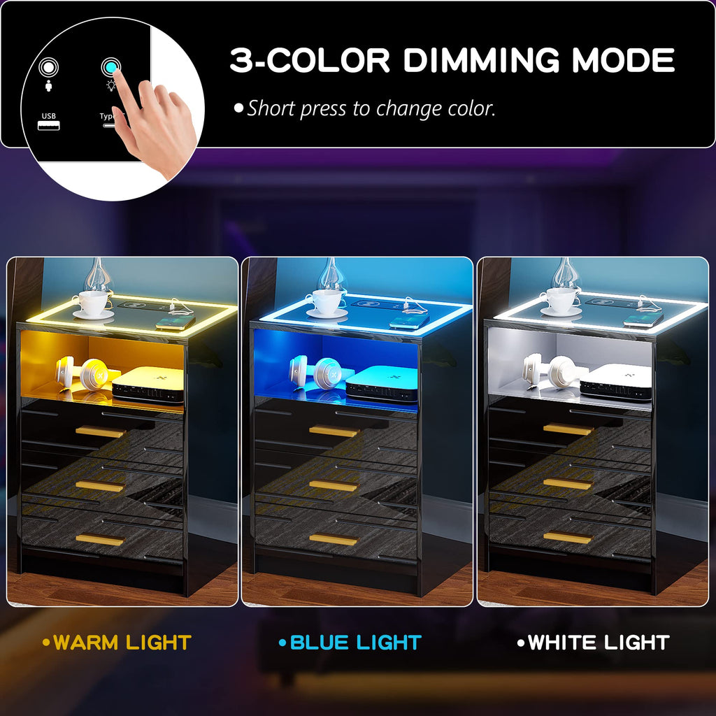 LED Nightstand with Wireless Charging Station, 3 Drawer Bedside Table L568928