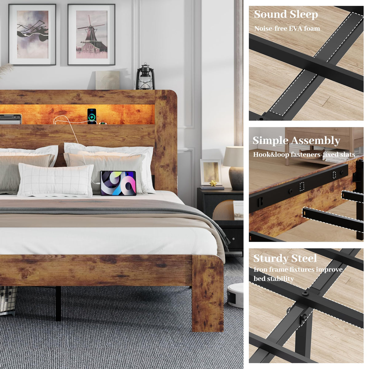 King Size Wooden Bed Frame with Storage Headboard and LED Lights W269262