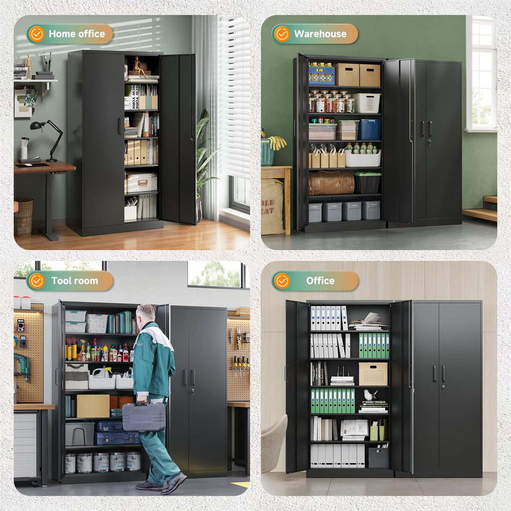 Metal Garage Storage Cabinets with Lock, 72 Tall Steel Lockers, 5 Adjustable Shelves, Black L835