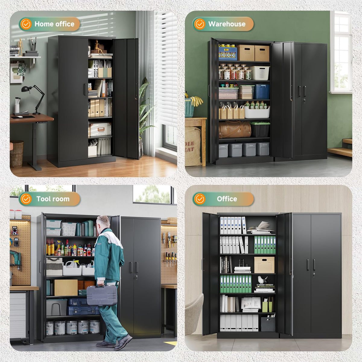 Metal Garage Storage Cabinets with Lock, 72 Tall Steel Lockers, 5 Adjustable Shelves, Black L835