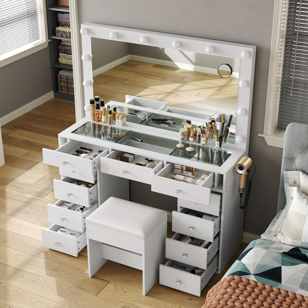 White Vanity Desk with Mirror and Chair L2365