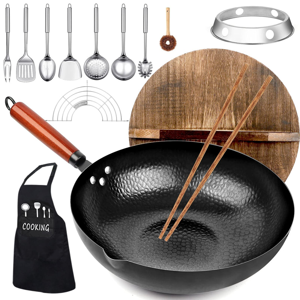14 Piece Carbon Steel Wok Pan Set with Wooden Lid Y87298