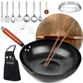 14 Piece Carbon Steel Wok Pan Set with Wooden Lid Y87298