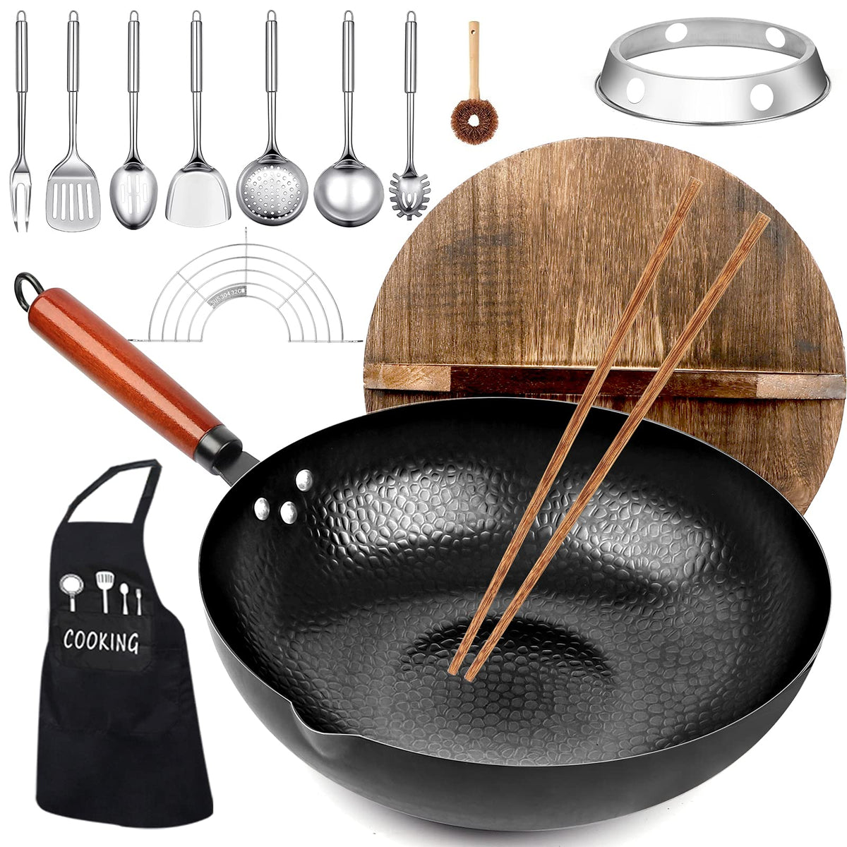 14 Piece Carbon Steel Wok Pan Set with Wooden Lid Y87298