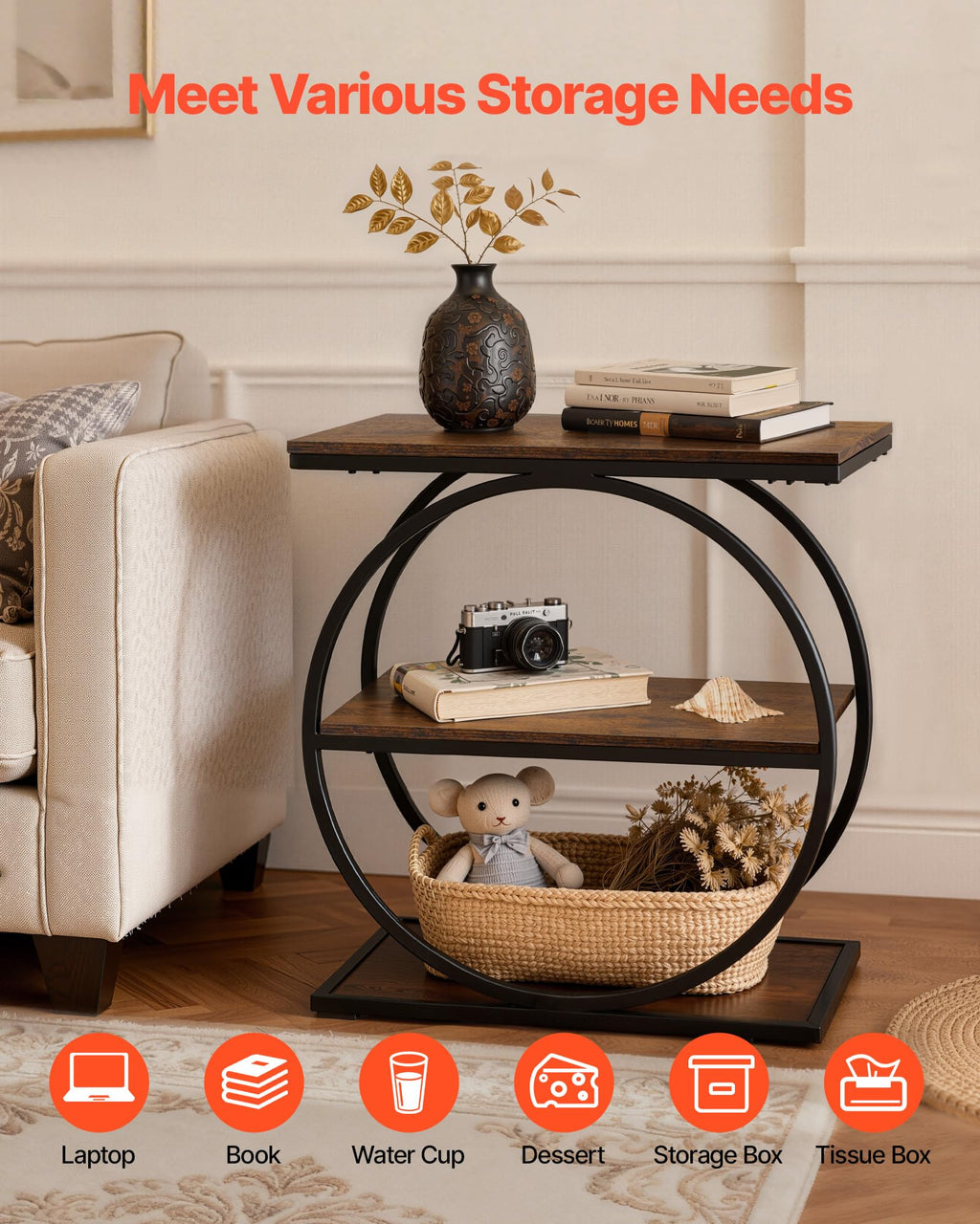 3-Tier Narrow Side Table with Open Storage Shelves M104