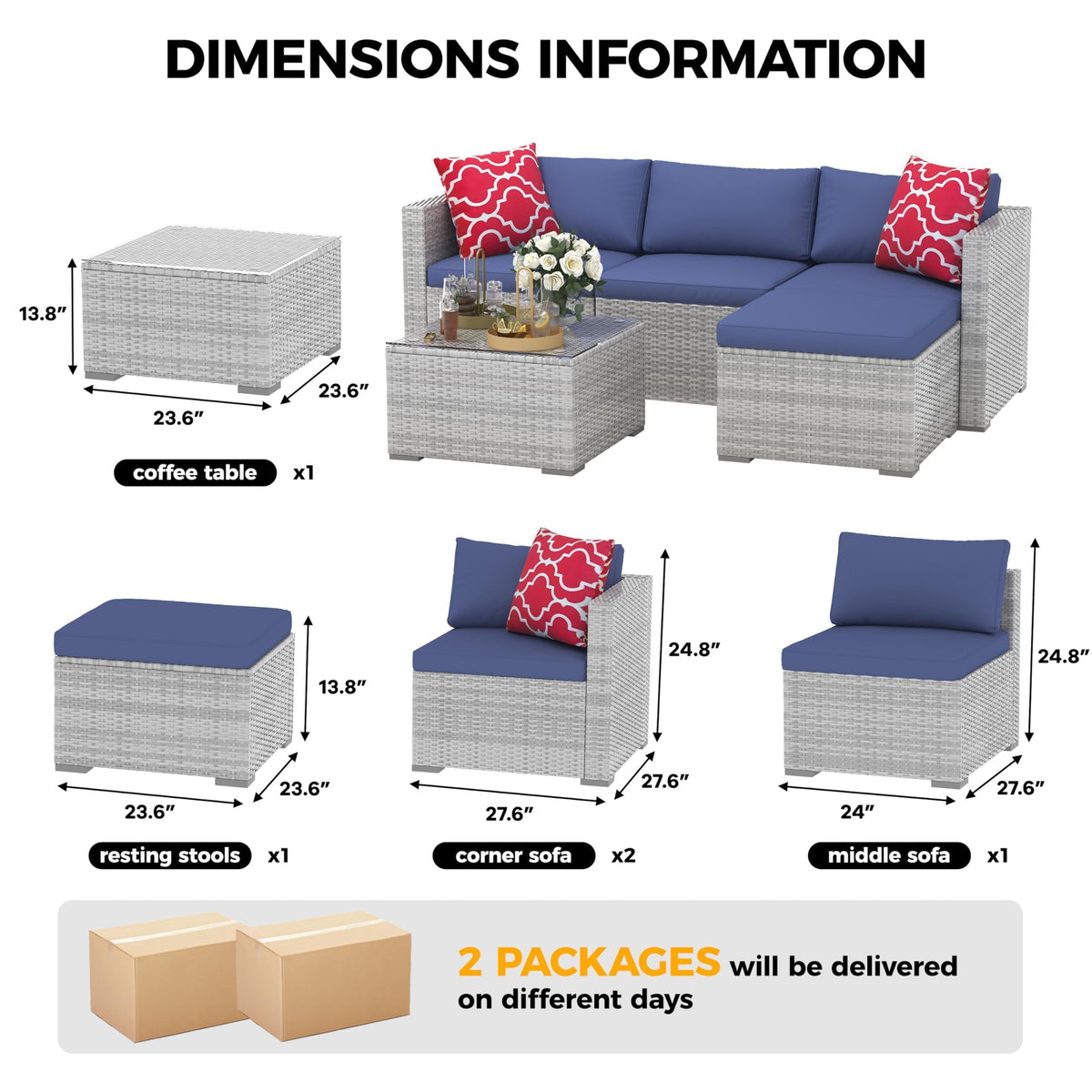 5-Piece Wicker Patio Furniture Set with Cushions & Coffee Table Y11397