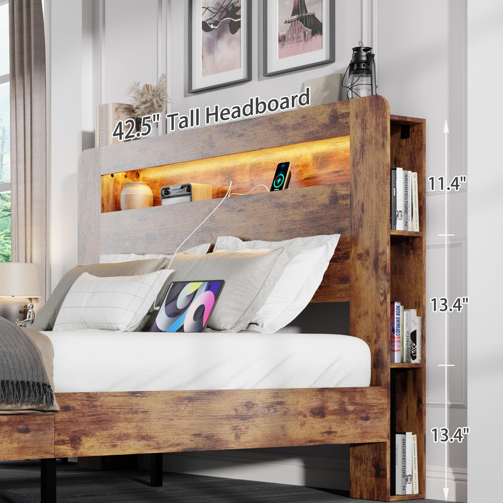King Size Wooden Bed Frame with Storage Headboard and LED Lights W269262