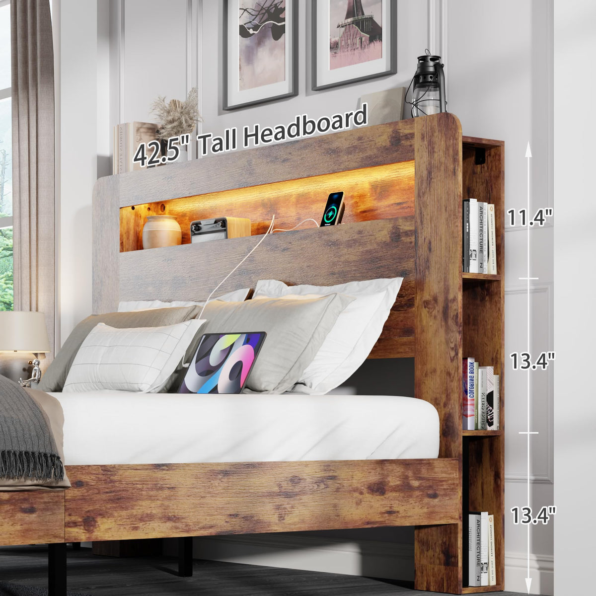 King Size Wooden Bed Frame with Storage Headboard and LED Lights W269262