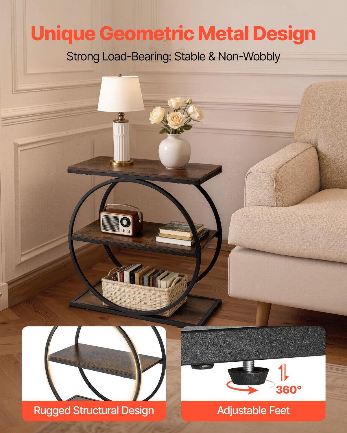 3-Tier Narrow Side Table with Open Storage Shelves M104