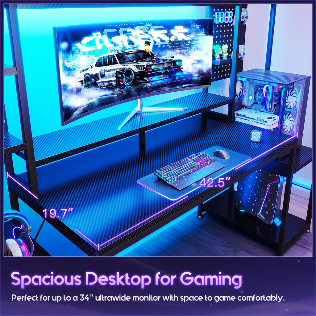 67 Inch Gaming Desk with Storage Shelves, 3 Drawers, LED Lights, Hutch X7641