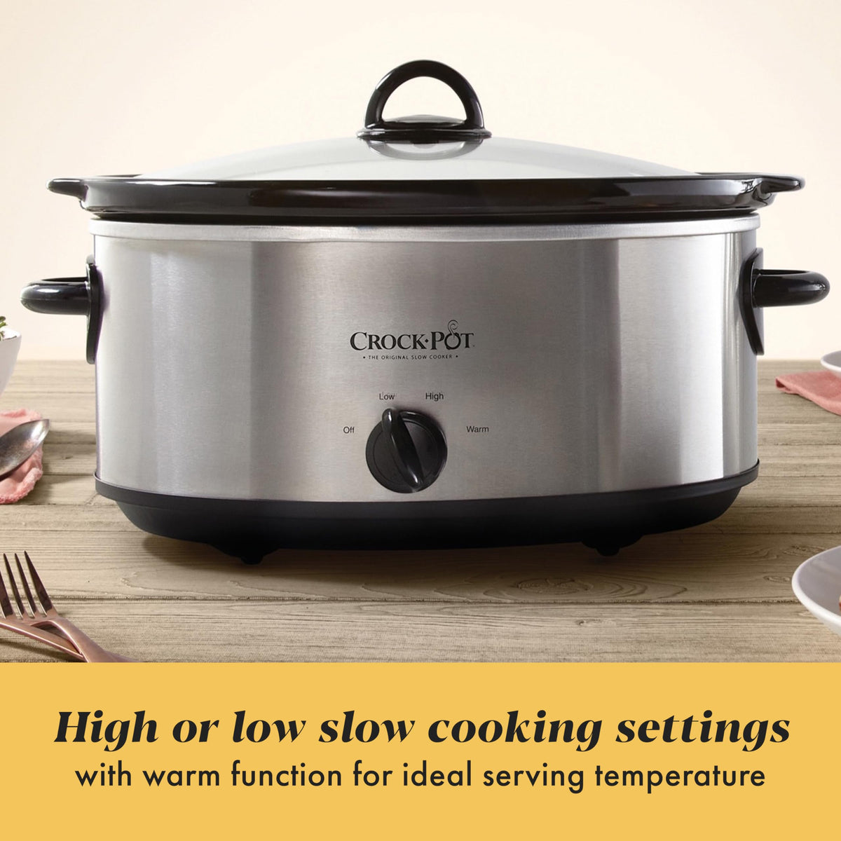 7-Quart Manual Slow Cooker, Family Size, Removable Stoneware, Dishwasher Safe, Stainless Steel P424445