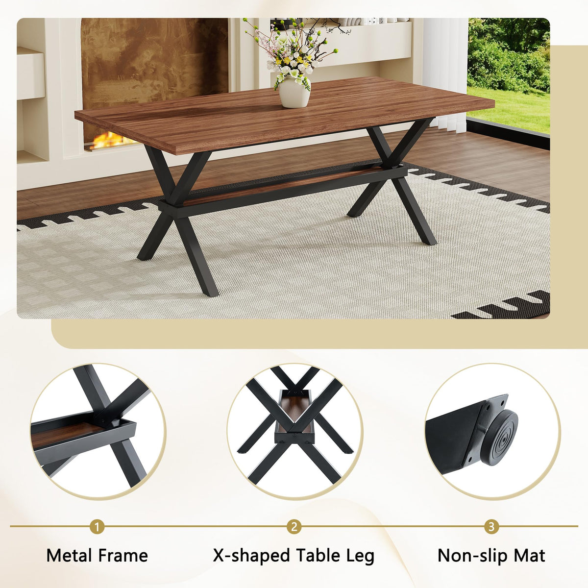 71-inch Dining Table with Chairs Set for 8, Walnut Wood Kitchen Table with Storage Shelf and Metal Legs, Brown PU Chairs Z64143