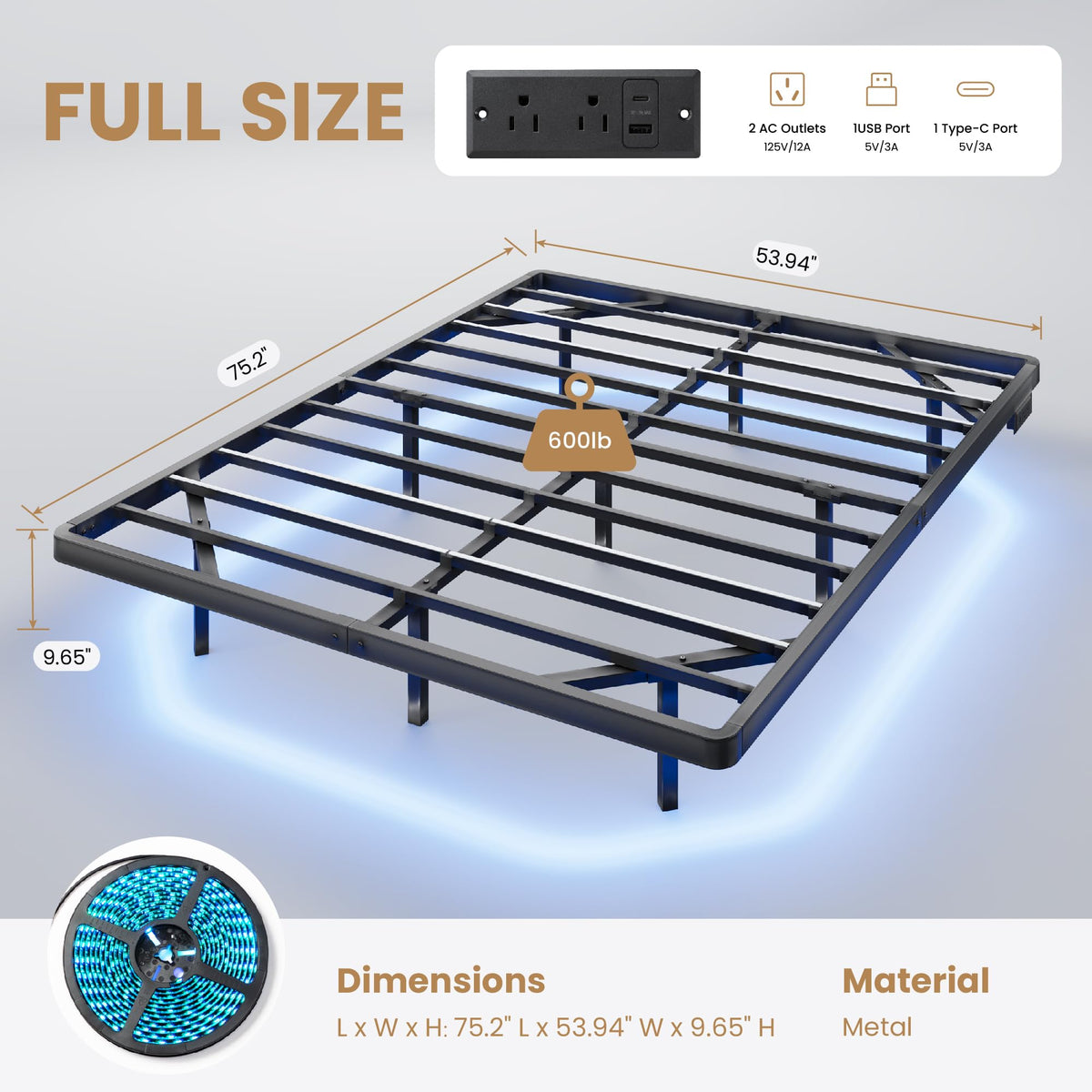 Full Size Floating Bed Frame with LED Lights, Black P8984