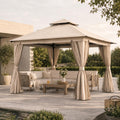 10'x10' Heavy Duty Metal Outdoor Gazebo with Double Roof, Mosquito Netting & Privacy Curtains, Khaki F994