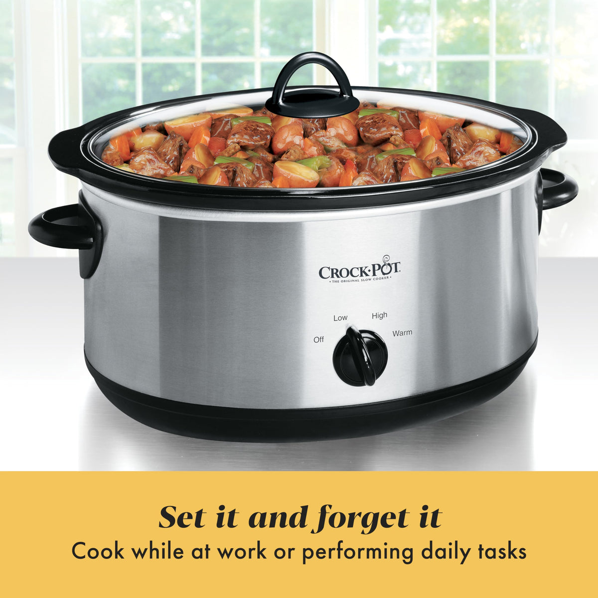 7-Quart Manual Slow Cooker, Family Size, Removable Stoneware, Dishwasher Safe, Stainless Steel P424445