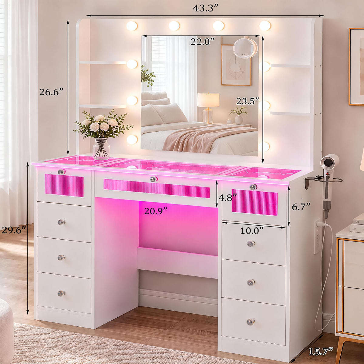White Vanity with Lighted Mirror and Glass Top W167
