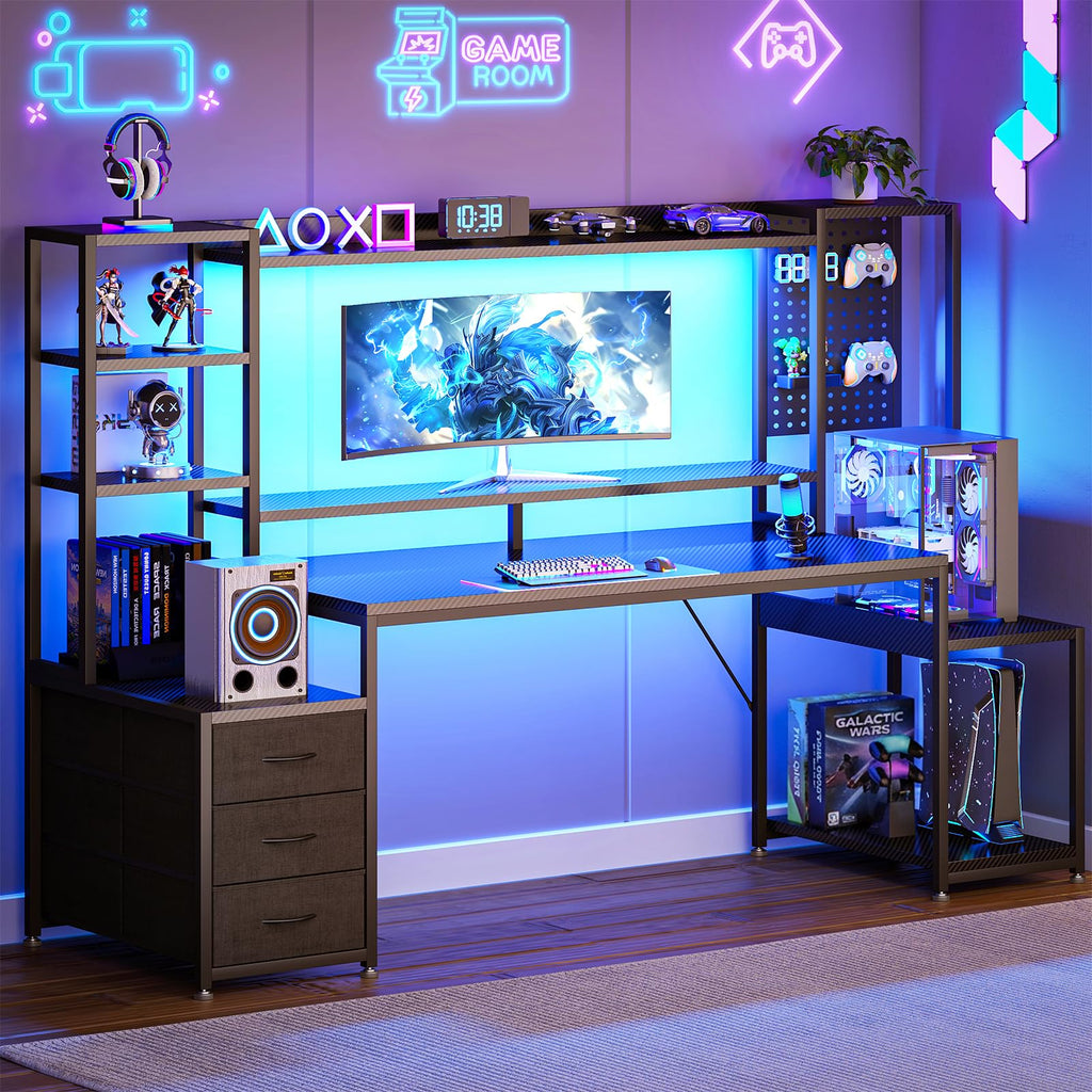 67 Inch Gaming Desk with Storage Shelves, 3 Drawers, LED Lights, Hutch X7641