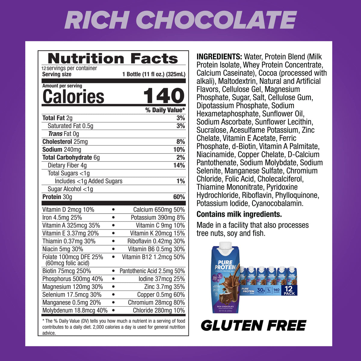 Chocolate and Vanilla Protein Shakes, 30g Protein, 11oz, 12 Pack C53177