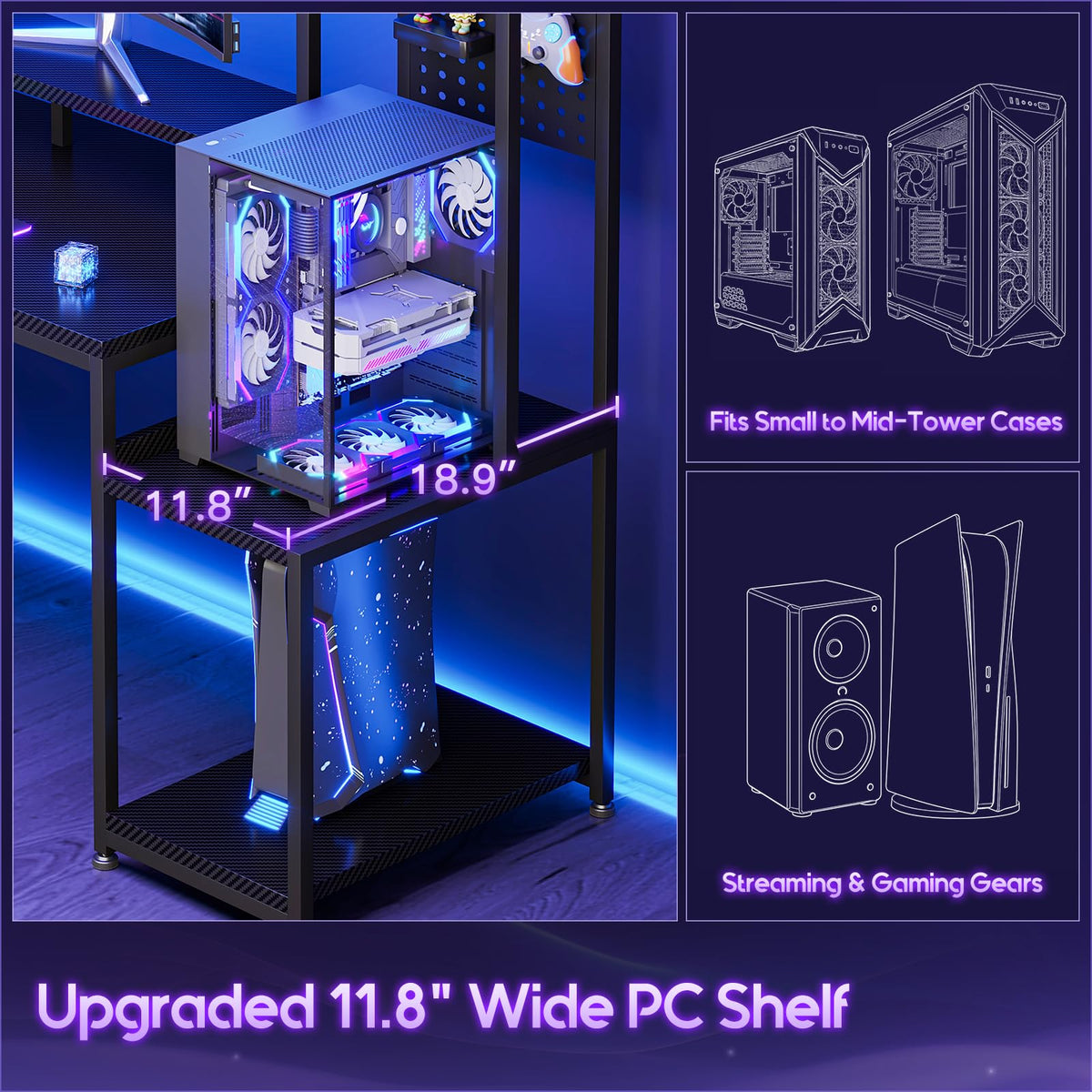 67 Inch Gaming Desk with Storage Shelves, 3 Drawers, LED Lights, Hutch X7641