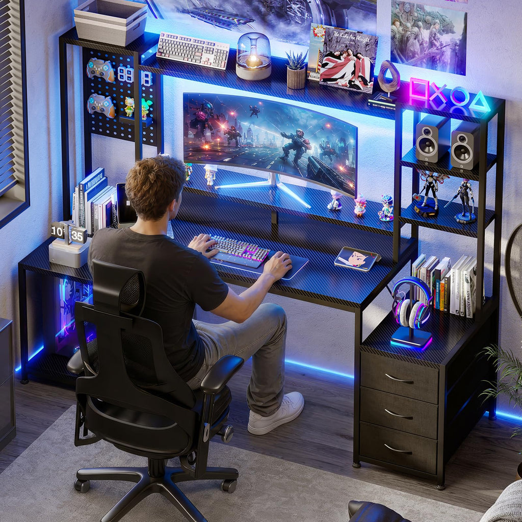 67 Inch Gaming Desk with Storage Shelves, 3 Drawers, LED Lights, Hutch X7641