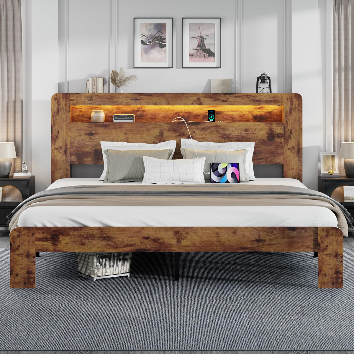 King Size Wooden Bed Frame with Storage Headboard and LED Lights W269262