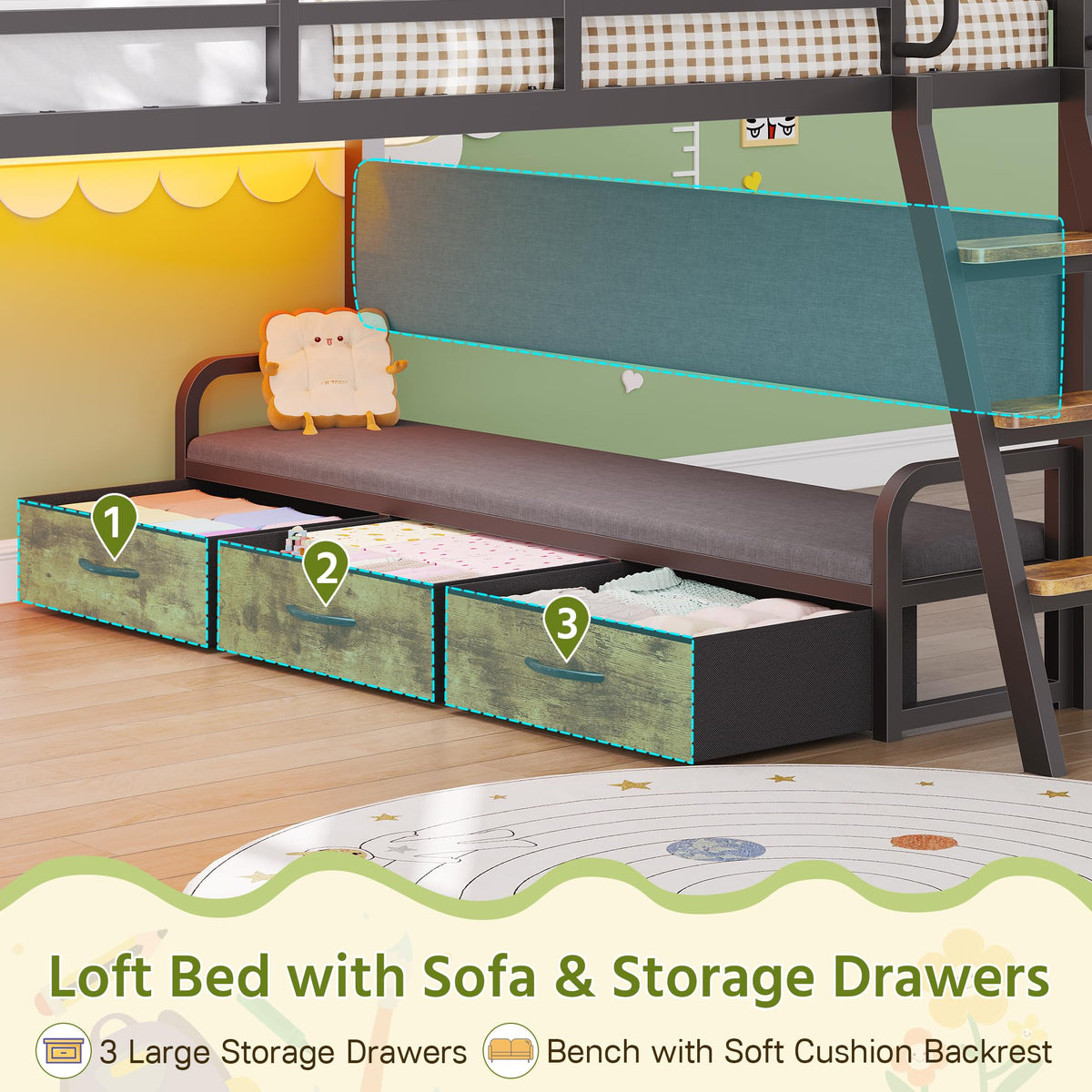 Full Size Low Loft Bed with Desk and 9 Storage Drawers I727776