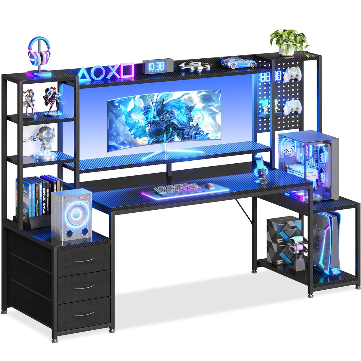 67 Inch Gaming Desk with Storage Shelves, 3 Drawers, LED Lights, Hutch X7641