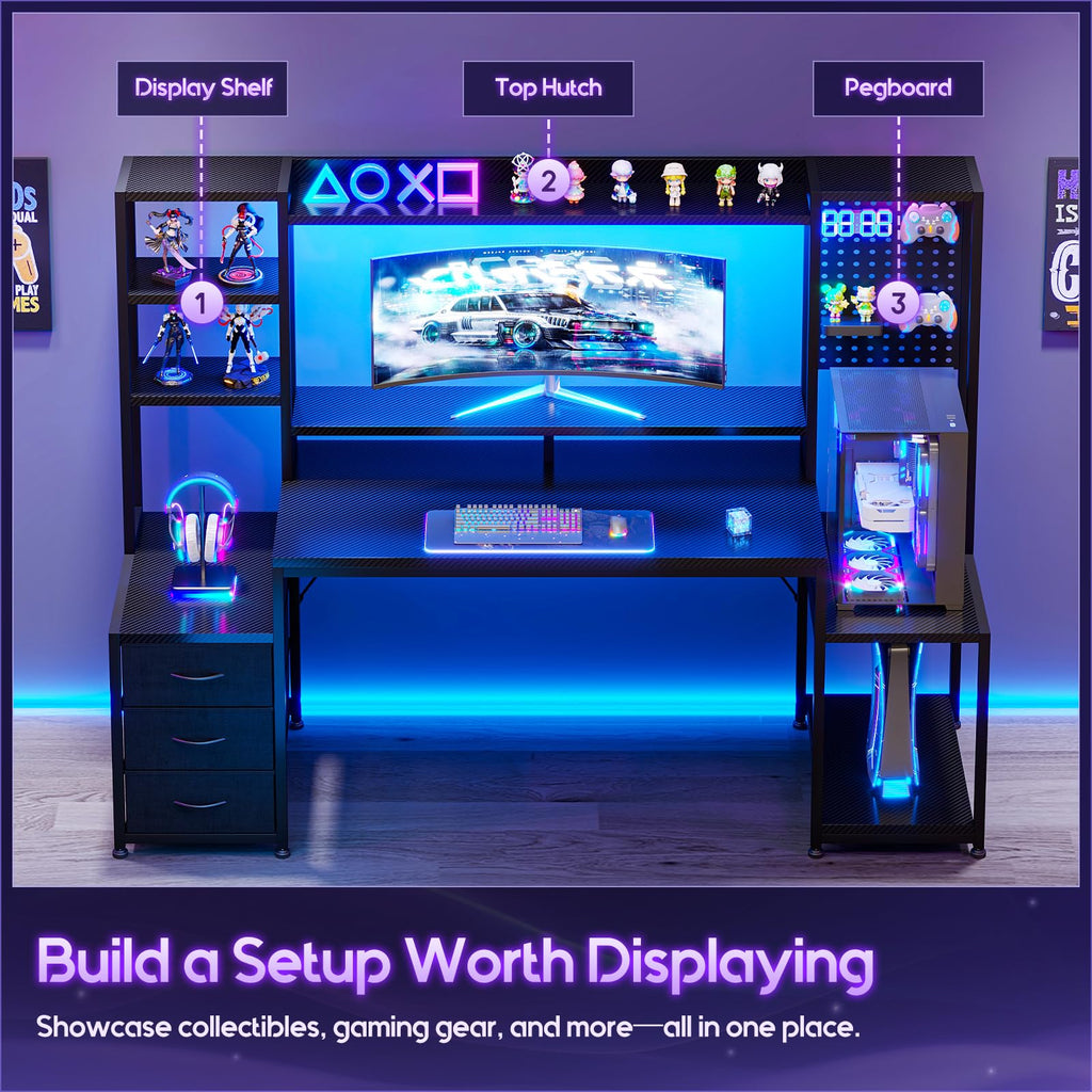 67 Inch Gaming Desk with Storage Shelves, 3 Drawers, LED Lights, Hutch X7641