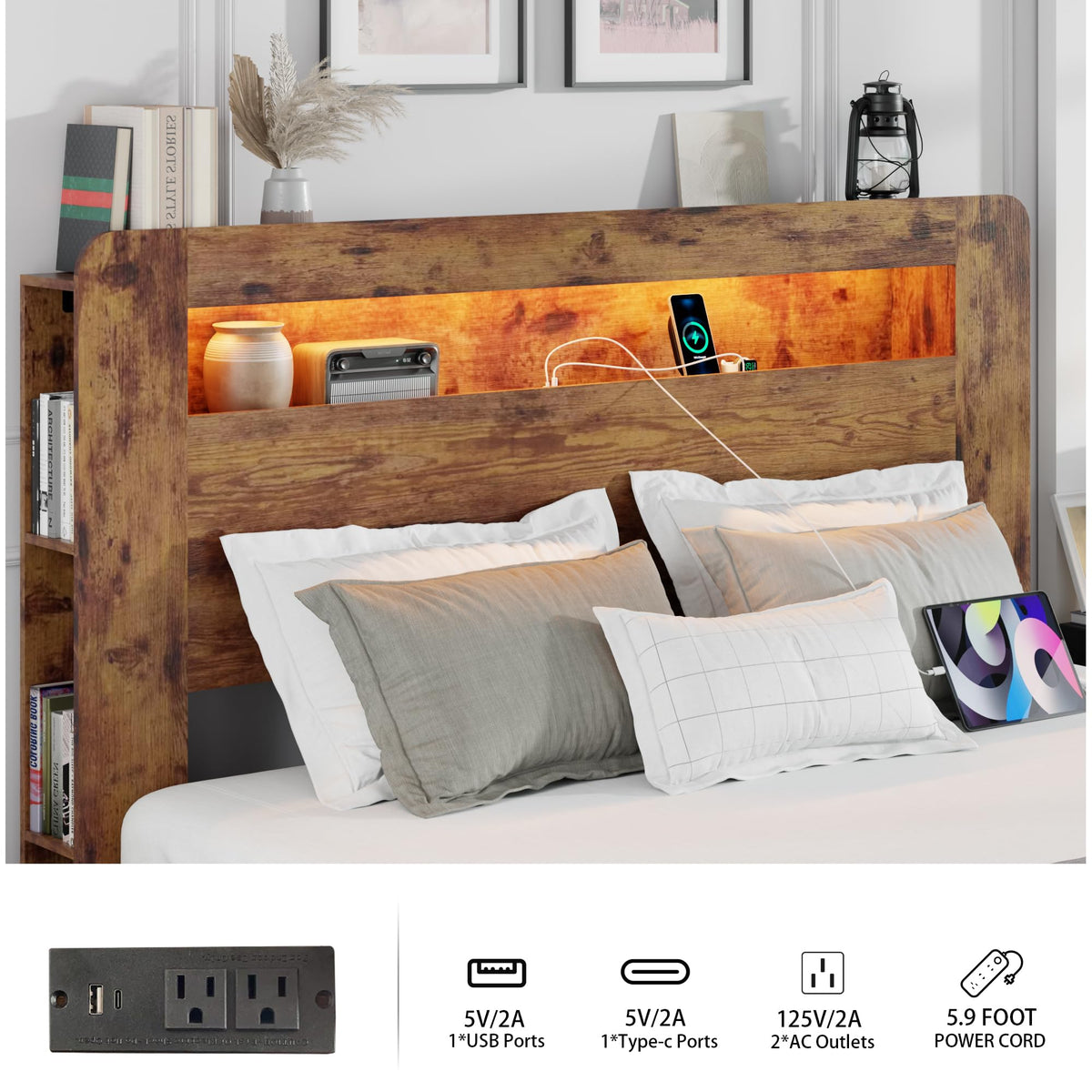 King Size Wooden Bed Frame with Storage Headboard and LED Lights W269262