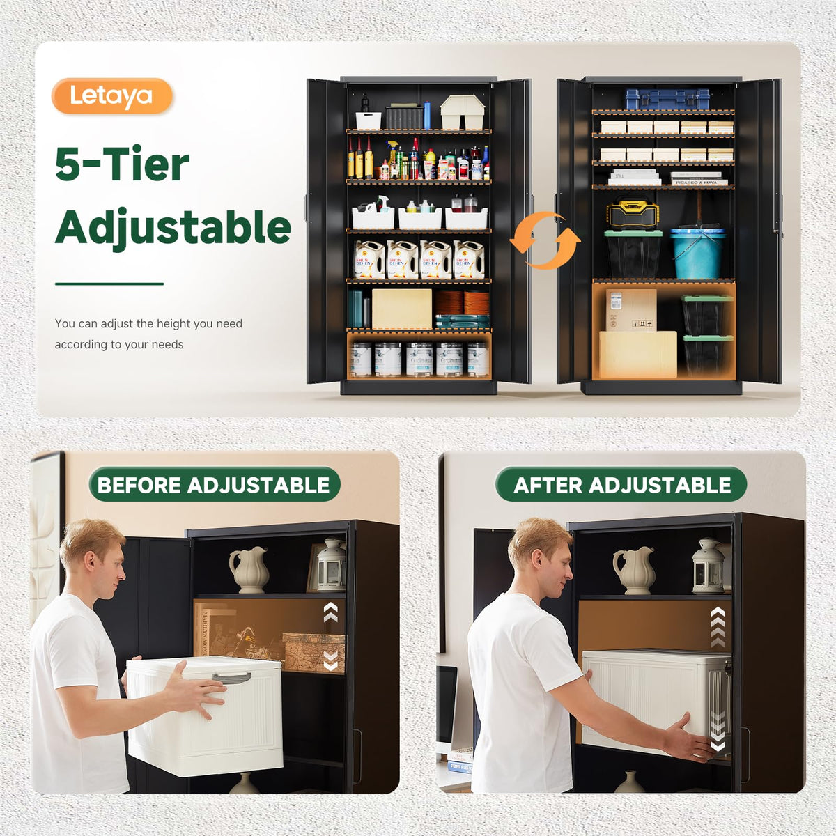 Metal Garage Storage Cabinets with Lock, 72 Tall Steel Lockers, 5 Adjustable Shelves, Black L835