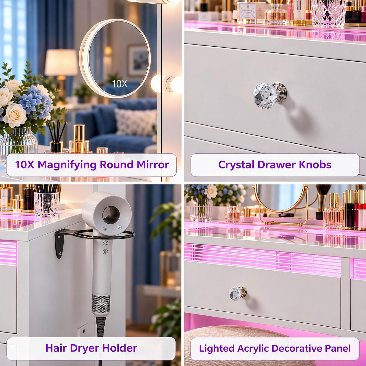 White Vanity with Lighted Mirror and Glass Top W167