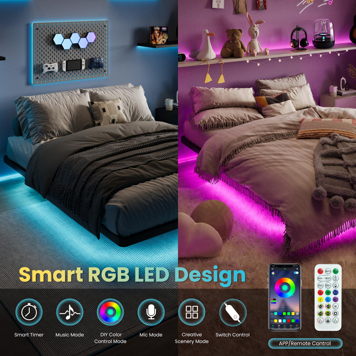 Full Size Floating Bed Frame with LED Lights, Black P8984