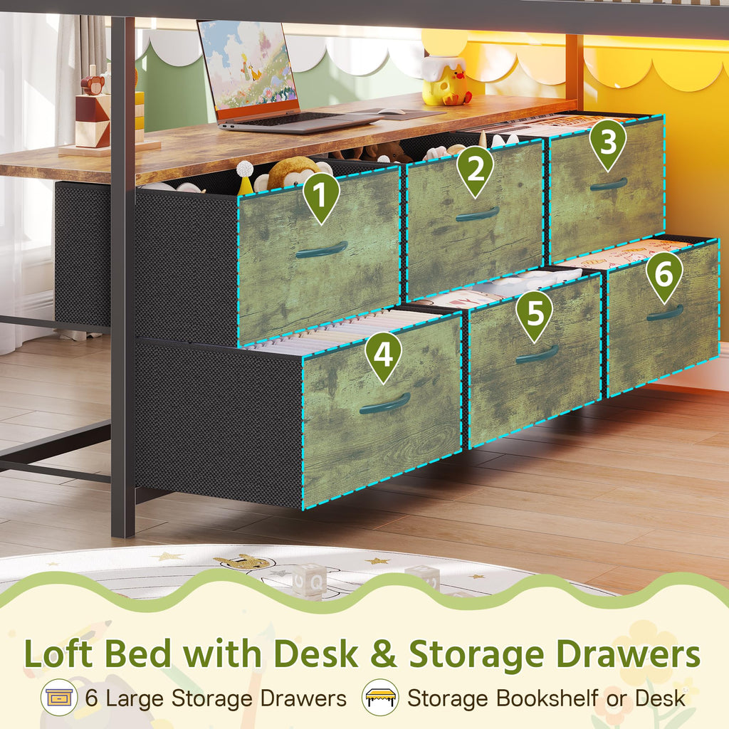 Full Size Low Loft Bed with Desk and 9 Storage Drawers I727776