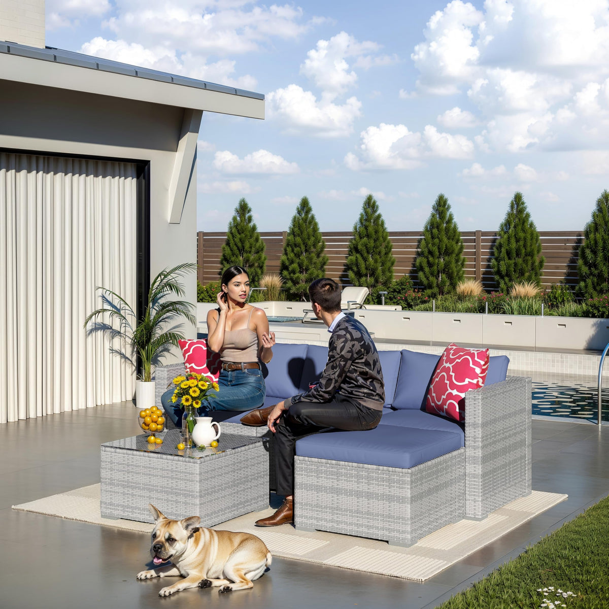 5-Piece Wicker Patio Furniture Set with Cushions & Coffee Table Y11397