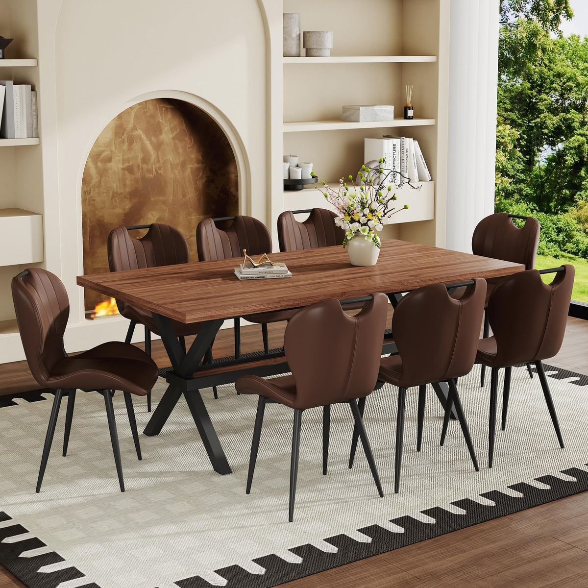 71-inch Dining Table with Chairs Set for 8, Walnut Wood Kitchen Table with Storage Shelf and Metal Legs, Brown PU Chairs Z64143